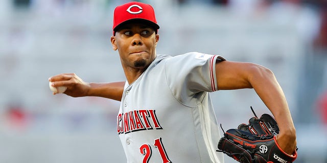 Hunter Greene of the Cincinnati Reds faces the Braves at Truist Park on April 12, 2023, in Atlanta.