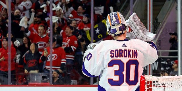 New York Islanders goaltender Ilya Sorokin (30) takes a drink after a goal by Carolina Hurricanes' Stefan Noesen during the second period of Game 1 of an NHL hockey Stanley Cup first-round playoff series in Raleigh, N.C., Monday, April 17, 2023. 