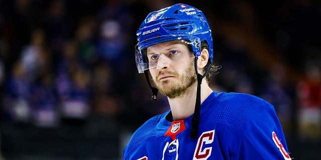 Jacob Trouba #8 of the New York Rangers skates during warmups prior to the game against the Toronto Maple Leafs at Madison Square Garden on April 13, 2023 in New York City.