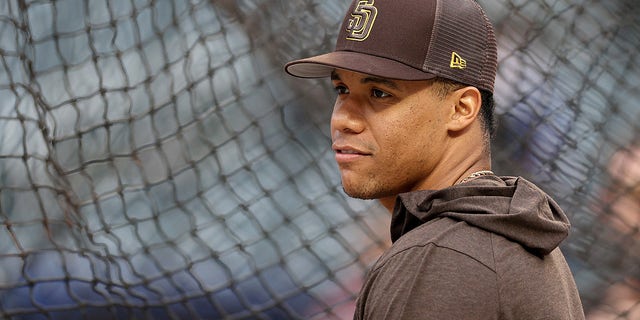 Juan Soto of the San Diego Padres takes batting practice before the Mets game at Citi Field on April 11, 2023, in New York City.