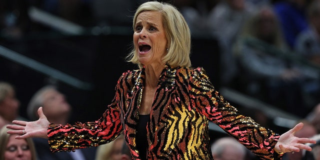 Head coach Kim Mulkey of the LSU Lady Tigers reacts during the championship game against the Iowa Hawkeyes on April 2, 2023, in Dallas, Texas.