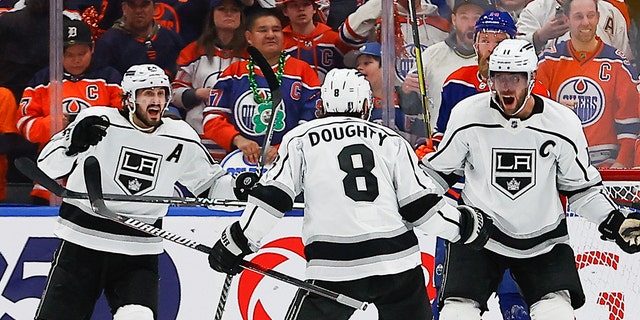 Los Angeles Kings Center Anze Kopitar (11) celebrates the game tying goal in the third period of game one in the Western Conference First Round of the Edmonton Oilers versus the Los Angeles Kings on April 17, 2023 at Rogers Place in Edmonton, AB.