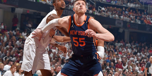 Isaiah Hartenstein (55) of the New York Knicks boxes out during a game against the Cleveland Cavaliers during the first round of the 2023 NBA Playoffs April 15, 2023, at Rocket Mortgage FieldHouse in Cleveland.