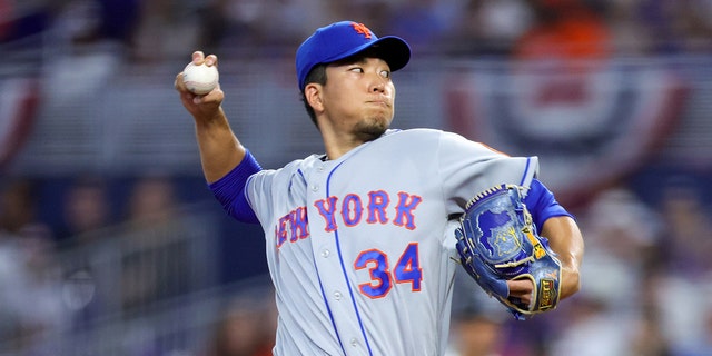 Kodai Senga, #34 of the New York Mets, delivers a pitch against the Miami Marlins during the first inning of the game at loanDepot park on April 2, 2023 in Miami.