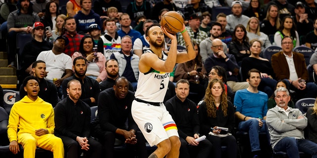 Kyle Anderson #5 of the Minnesota Timberwolves shoots the ball against the Portland Trail Blazers in the third quarter of the game at Target Center on April 2, 2023 in Minneapolis, Minnesota. The Trail Blazers defeated the Timberwolves 107-105.