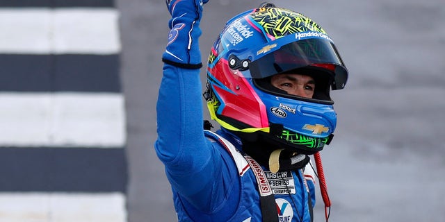 Kyle Larson, driver of the #5 HendrickCars.com Chevrolet, celebrates after winning the NASCAR Cup Series NOCO 400 at Martinsville Speedway on April 16, 2023 in Martinsville, Virginia.