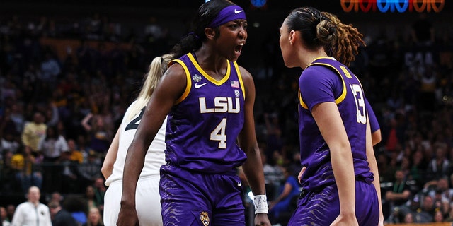 Flau'jae Johnson #4 and Last-Tear Poa #13 of the LSU Lady Tigers react during the second quarter against the Iowa Hawkeyes during the 2023 NCAA Women's Basketball Tournament championship game at American Airlines Center on April 02, 2023 in Dallas, Texas.