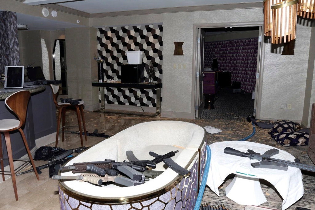 This October 2017 file photo taken by the Las Vegas Metropolitan Police Department shows the interior of Stephen Paddock's room on the 32nd floor of the Mandalay Bay hotel in Las Vegas, from which he committed the mass shooting that killed 58 people.