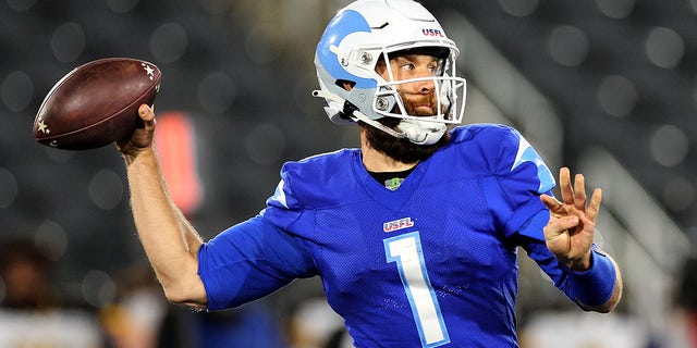 McLeod Bethel-Thompson, #1 of the New Orleans Breakers, passes during the game against the Pittsburgh Maulers at Protective Stadium on April 16, 2023 in Birmingham, Alabama.