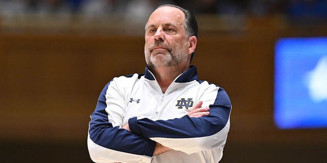 Notre Dame Fighting Irish head coach Mike Brey watches his team during their game against the Duke Blue Devils at Cameron Indoor Stadium on Feb. 14, 2023 in Durham, North Carolina.