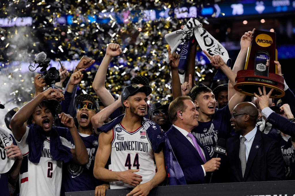 Uconn celebrates their win against San Diego State after the men's national championship game in the NCAA Tournament on April 3, 2023, in Houston.