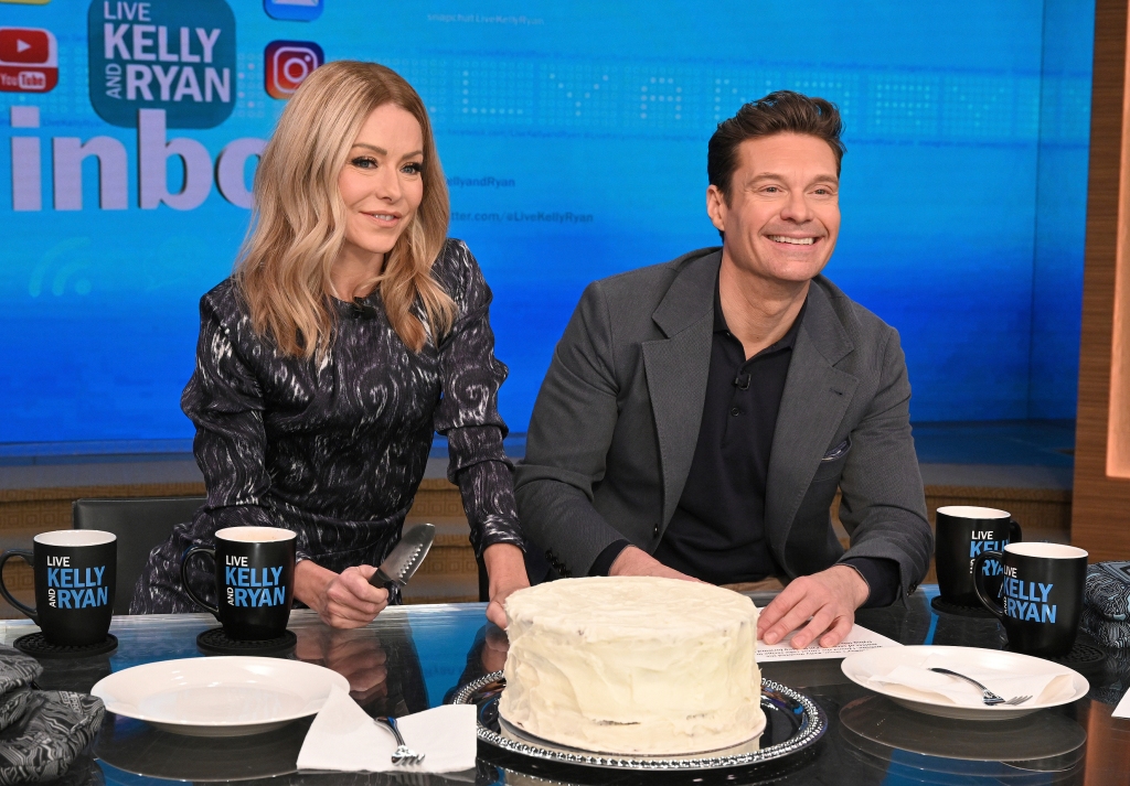 Kelly Ripa, left, and Ryan Seacrest on the set of "Live! With Kelly and Ryan" on Feb. 8, 2023