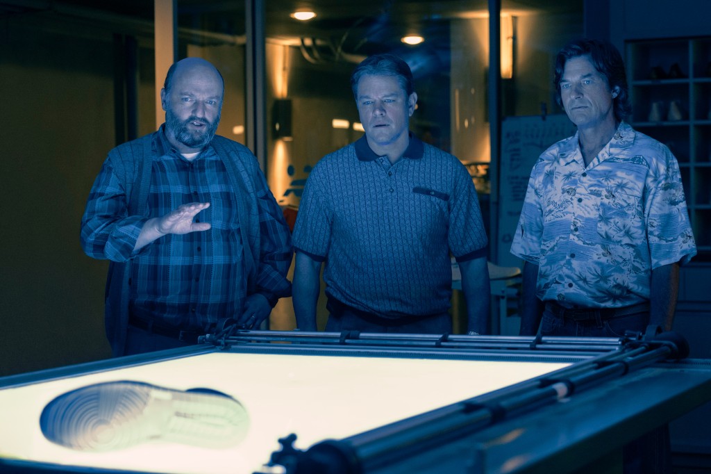 Peter Moore (Matthew Maher, left), Sonny Vaccaro (Matt Damon) and Rob Strasser (Jason Bateman) work around the clock to create an Air Jordan prototype. 
