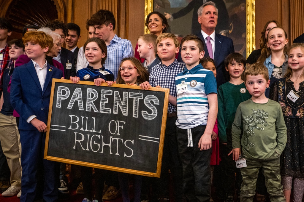 House Speaker Kevin McCarthy(R-CA), upper right, and other House GOP Members hold a press event to highlight the introduction of the "Parents Bill of Rights, at the U.S. Capitol, in Washington, DC.