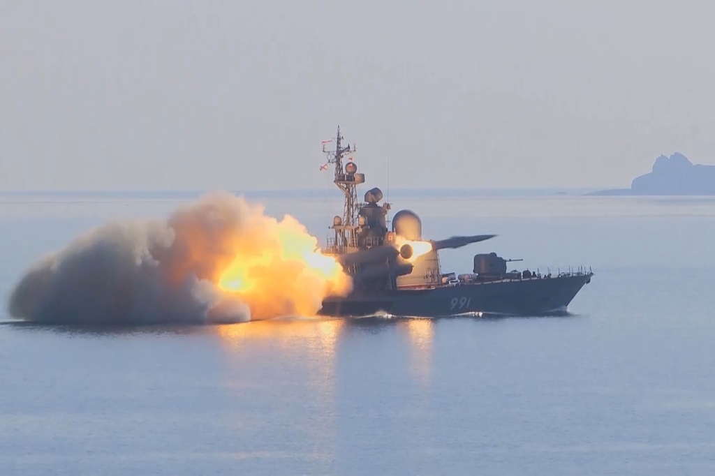 A missile boat of the Russian Pacific Fleet's Primorye Flotilla of All-Arms Forces fires a Moskit anti-ship cruise missile during a training on March 27. 
