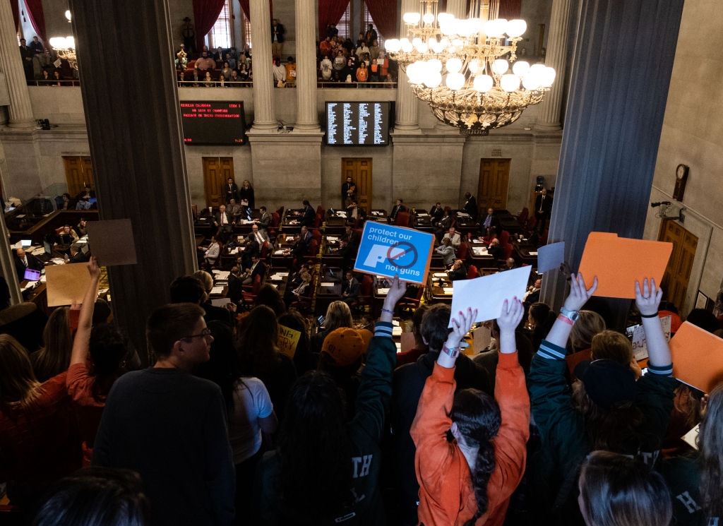 Gun control protesters inside the Tennessee State Capitol on March 30, 2023.