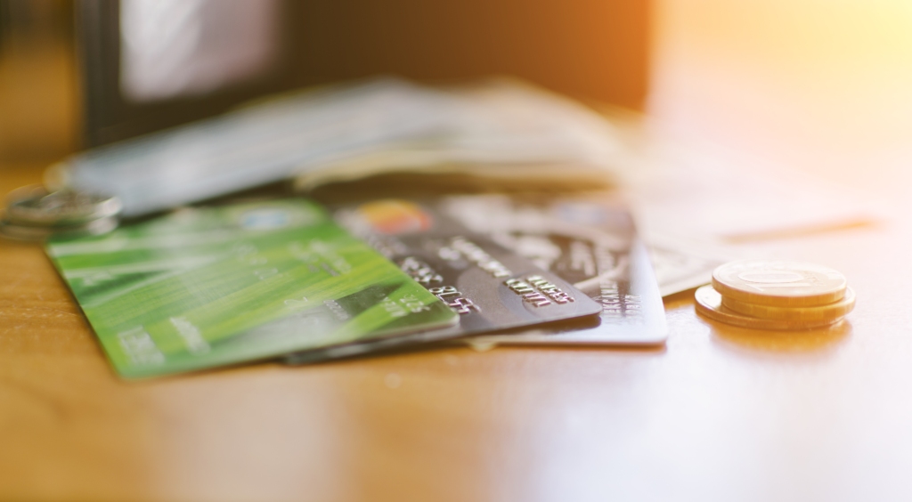 Credit cards on a table.