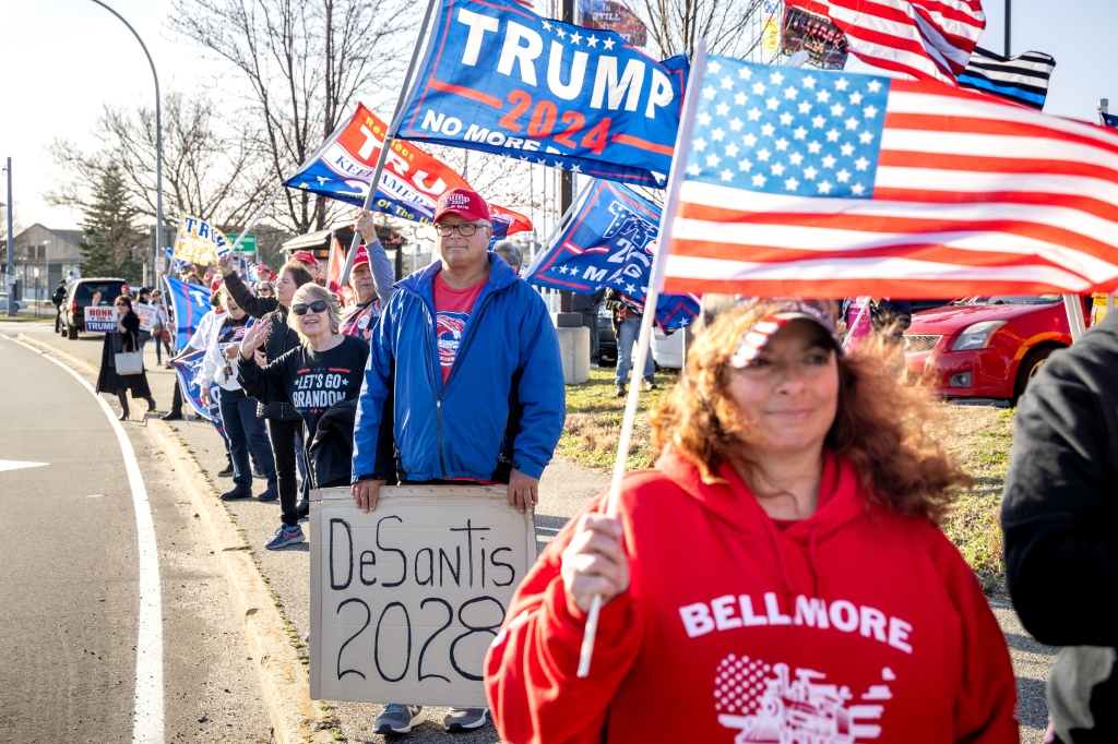 Donald Trump's supporters gather on Saturday in Garden City where Gov. Ron DeSantis spoke at the Cradle of Aviation Museum. 