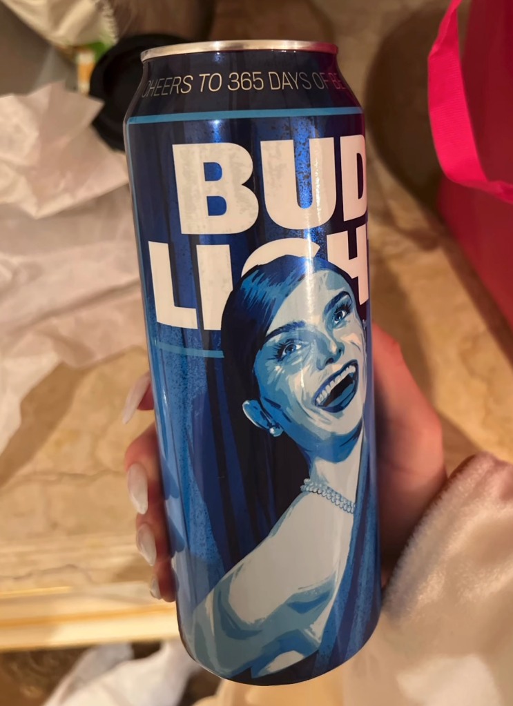 Bud Light can with Mulvaney's face on it.