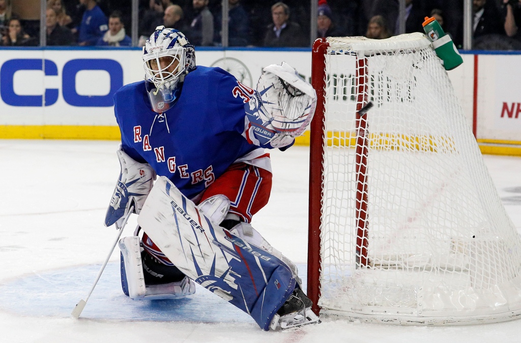 Lundqvist playing for the New York Rangers.