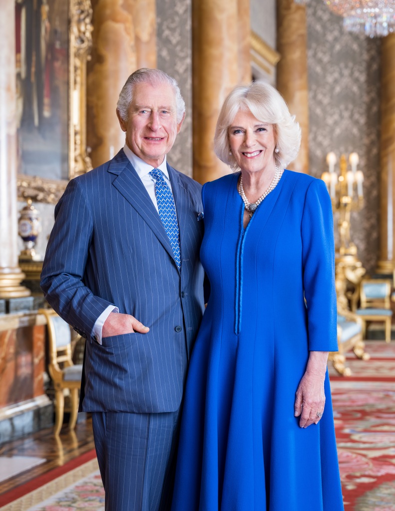 King Charles III and Camilla, Queen Consort pose for a portrait.