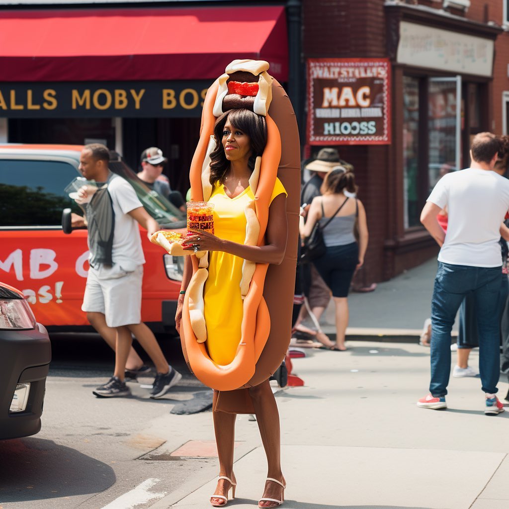 AI reimagined the former first lady Michelle Obama as a hot dog seller. 