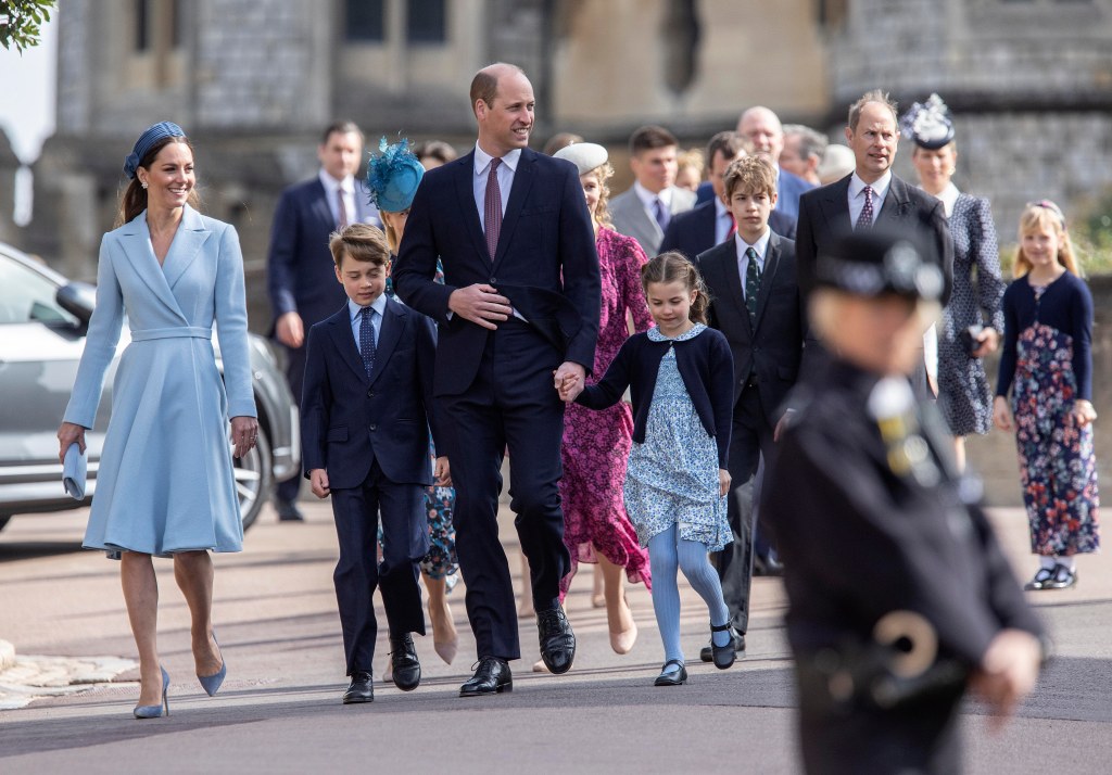 Prince William, Duke of Cambridge, Catherine, Duchess of Cambridge and their children attend the Easter service at St George's Chapel at Windsor Castle on April 17, 2022. 