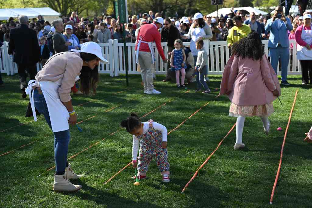 Guests participate in the annual Easter Egg Roll on the South Lawn of the White House on Monday.
