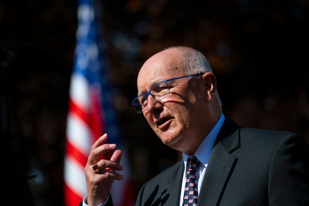 U.S. ambassador Pete Hoekstra answers questions during an interview in Opijnen, Netherlands, Monday, May 4, 2020, ahead of European commemorations of the 75th anniversary of the end of World War II.