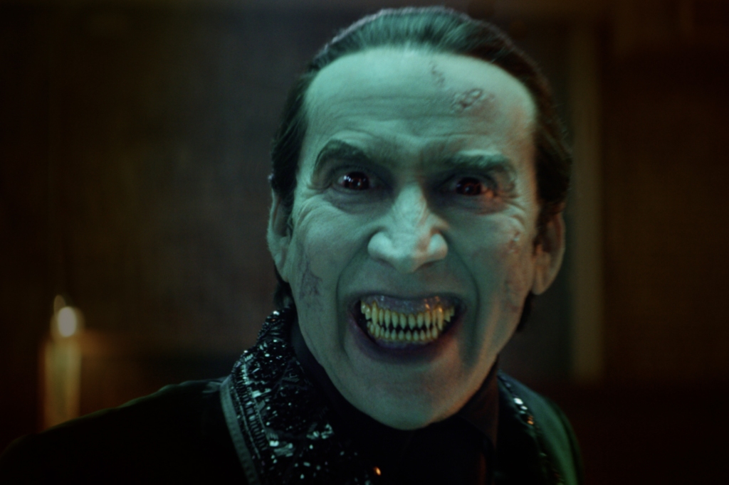 Dracula (Cage) is brought back to health through the blood of his victims, captured by Renfield.
