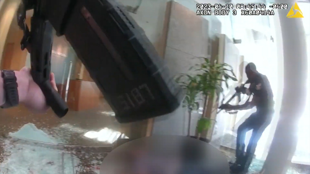 Screen grab from the Louisville Police released body cam footage of the mass shooting at Old National Bank.