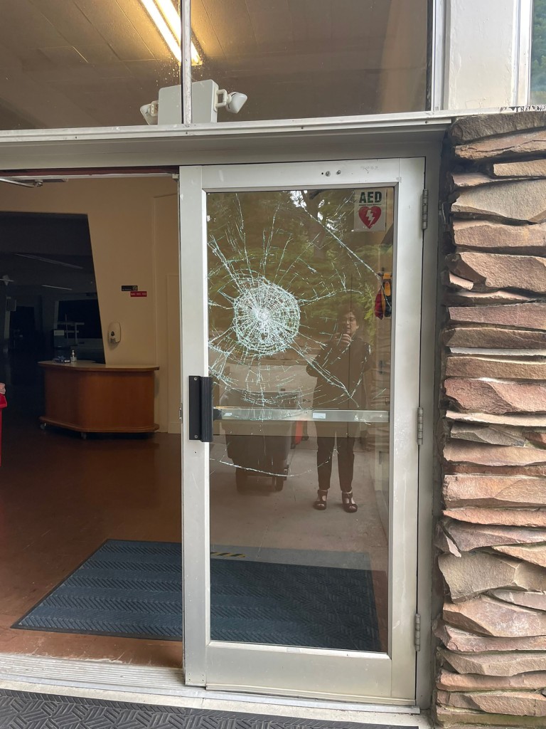 A smashed window at the St. Louise Catholic Church in Bellevue, Wash. Prosecutors say Maeve Nota vandalized the church after the Supreme Court's ruling overturning Roe v. Wade. 