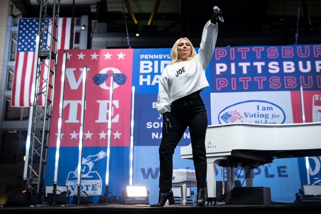 Lady Gaga performs in support of Democratic presidential nominee Joe Biden during a drive-in campaign rally at Heinz Field on November 02, 2020 in Pittsburgh, Pennsylvania.