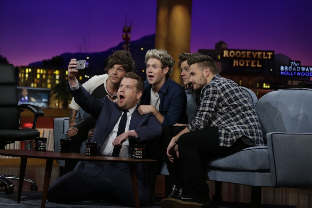 One Direction members Liam Payne, Harry Styles, Louis Tomlinson and Niall Horan join James Corden's Dodgeball appear on "The Late Late Show with James Corden," 