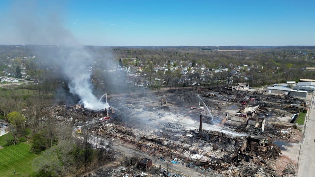 This aerial photo taken on April 13, 2023 shows an industrial site after fire in Richmond, Indiana.