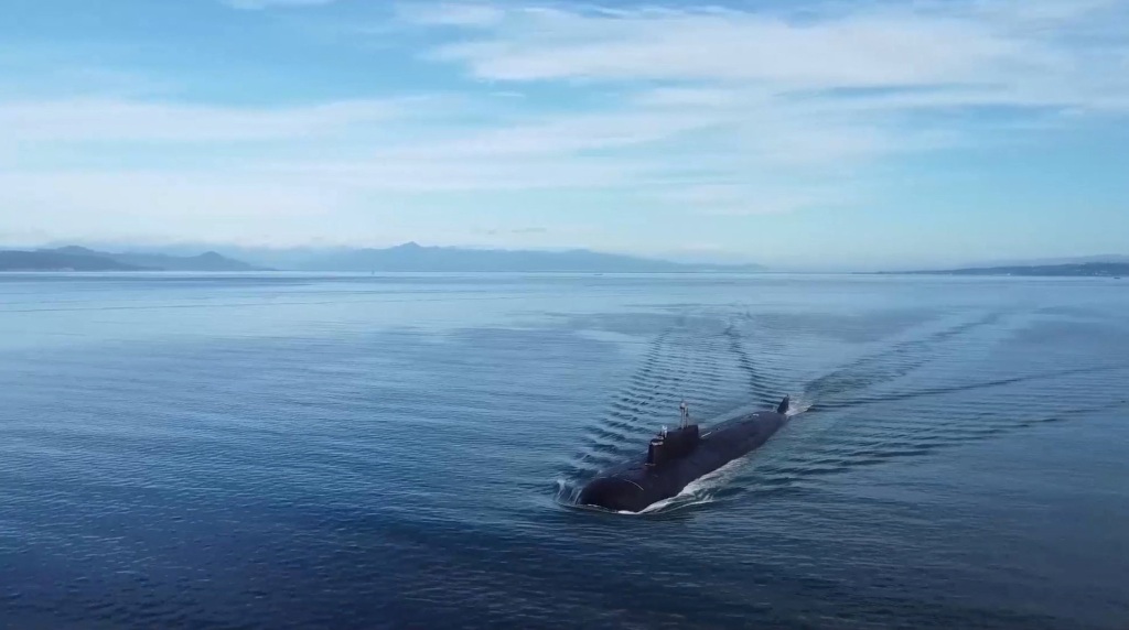 A general view of a submarine as Russia conducts a surprise inspection of its Pacific naval fleet, in an unknown location in the Russian Far East, in this still image taken from video released April 14, 2023. 