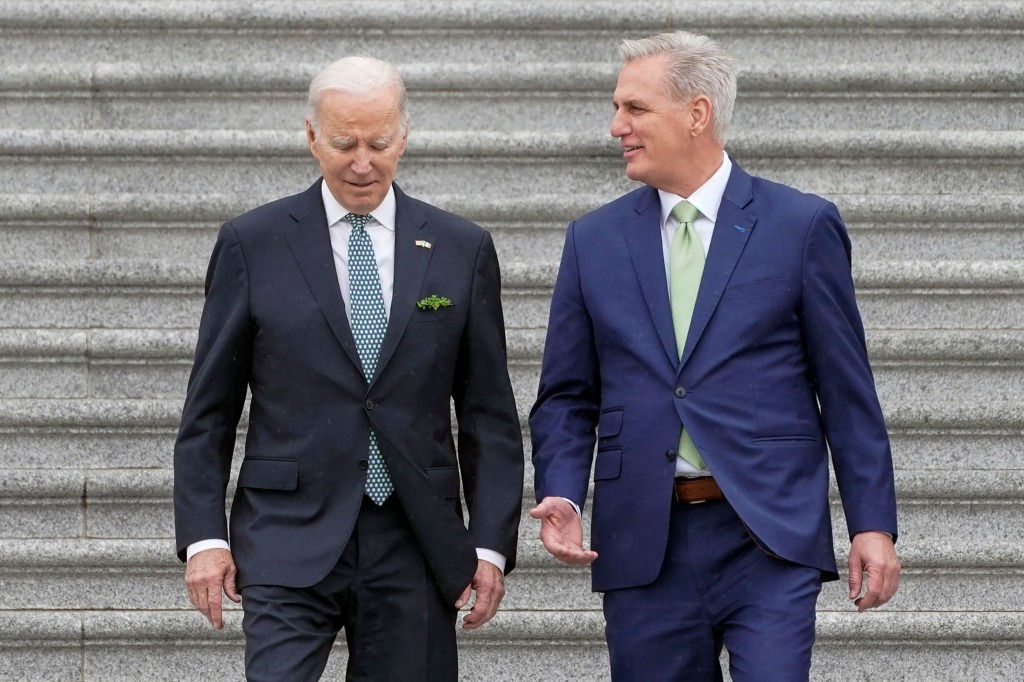 Speaker Kevin McCarthy and President Biden on March 17, 2023. 