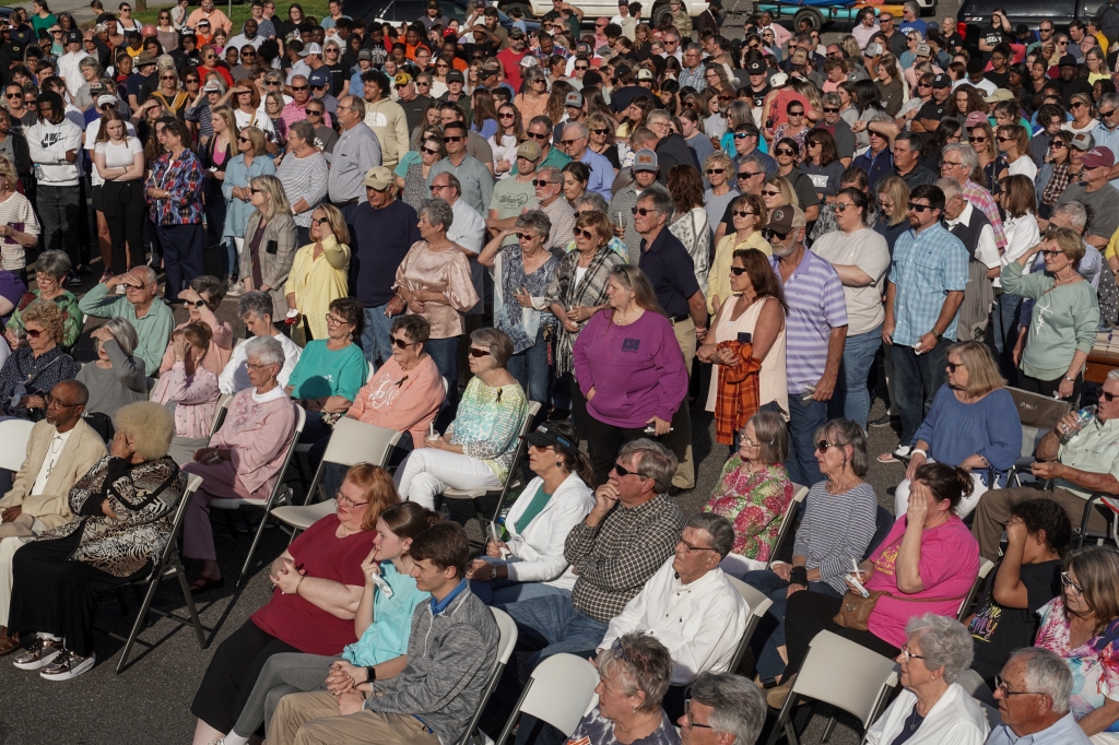 A memorial for the shooting victims at First Baptist Church of Dadeville on April 16, 2023.