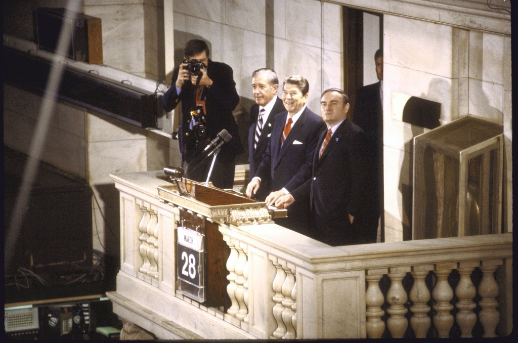Then-President Ronald Reagan visits the New York Stock Exchange on March 28, 1985.