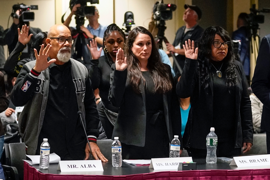 Madeline Brame (far right) is sworn in during a House Judiciary Committee hearing April 17, 2023.