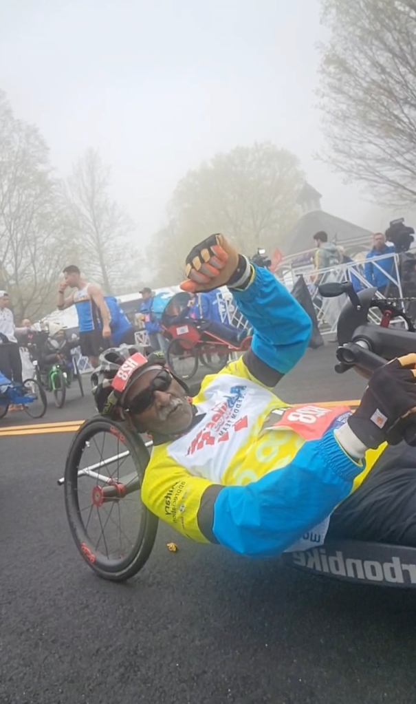 Another hand cycle rider at the Boston Marathon.