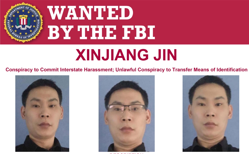 Xinjian Jin was named in a federal complaint earlier this week, for allegedly harassing Chinese dissidents in the US using a California telecommunications company. He and dozens of other suspects are believed to be at large, according to federal authorities 