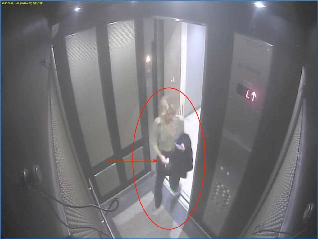 Majors' ex-girlfriend, Grace Jabbari, in an elevator on the night of the alleged incident. 