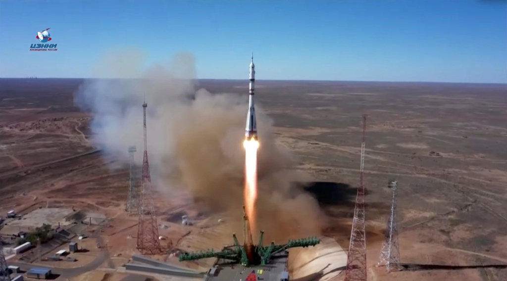 The Soyuz MS-19 spacecraft carrying the crew, formed of Russian cosmonaut Anton Shkaplerov, film director Klim Shipenko and actress Yulia Peresild, blasts off to the International Space Station (ISS) from the launchpad at the Baikonur Cosmodrome, Kazakhstan October 5, 2021.