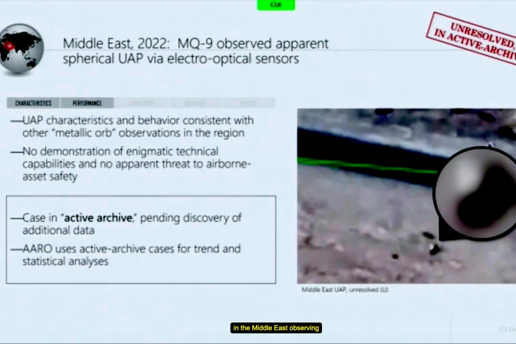 Presentation slide described the metallic orb seen over the Middle East 