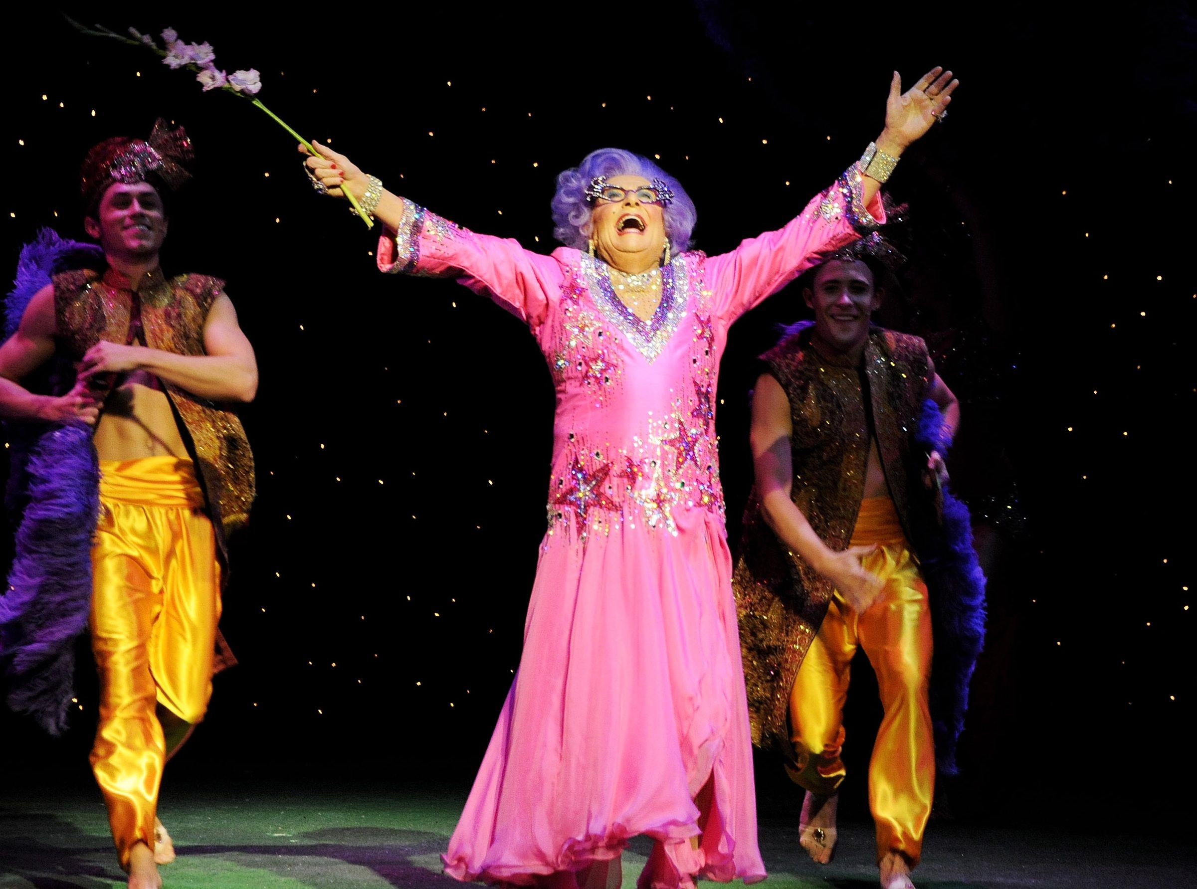 Barry Humphries performs as Dame Edna.