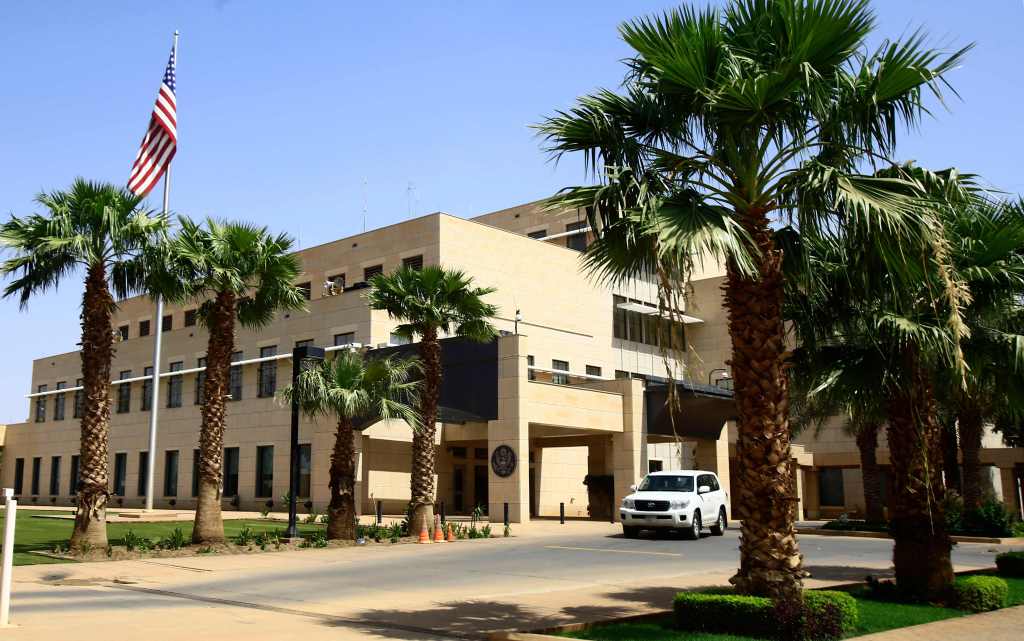 This file photo taken on October 07, 2017 shows a view of the exterior of the US Embassy in the Sudanese capital of Khartoum. 