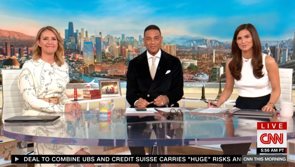 Don Lemon (center) sits with co-hosts Poppy Harlow and Kaitlan Collins on set of CNN This Morning 