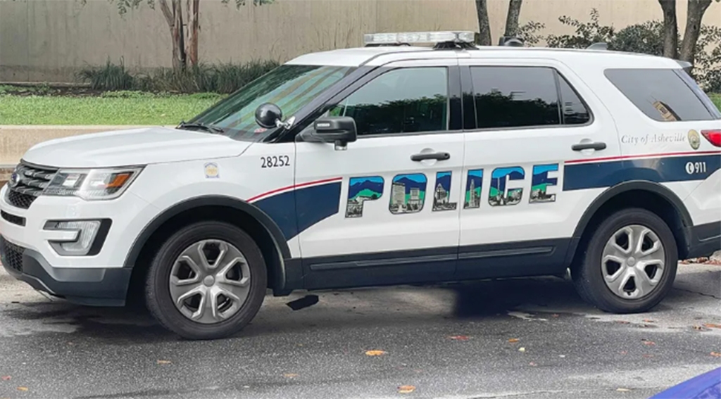 An Asheville Police Department vehicle parked in downtown Asheville, North Carolina.