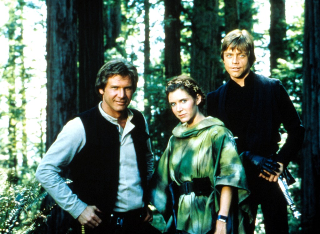 Harrison Ford (left), Carrie Fisher ( center) and Mark Hamill (right) on the set of "Star Wars: Return of the Jedi" in 1983.